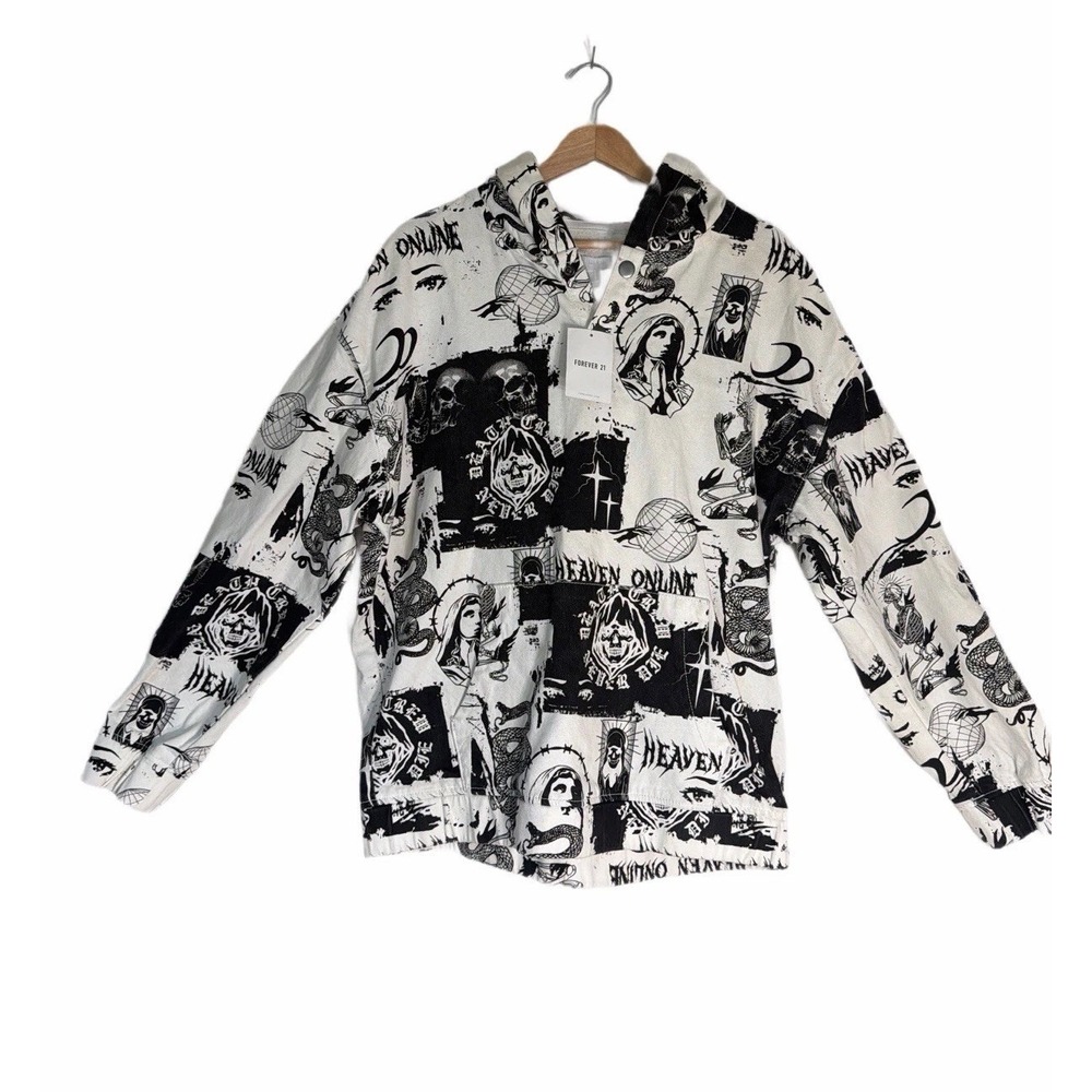 Forever 21 Hoodie Black White Graphic Heaven Online Pullover Skull Snake AOP NEW
